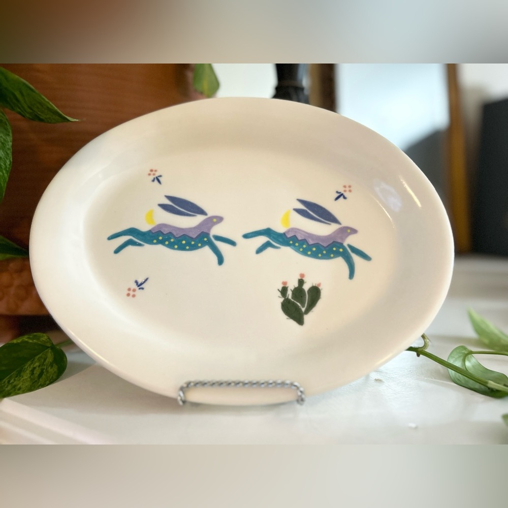 Handmade Painted Plate Flying Rabbits